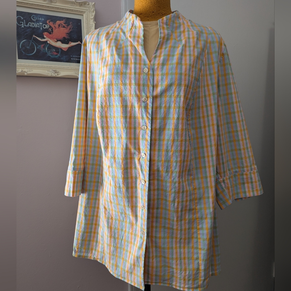 Women's Plus Size Cotton Blend Pastel Plaid Button Down Blouse Von Landen